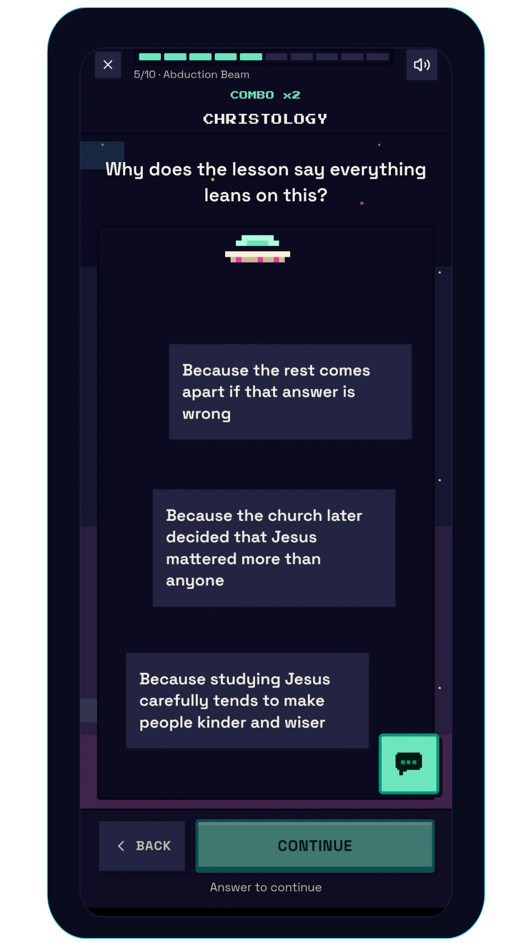 A TheioLingo lesson game asking why a doctrine matters.