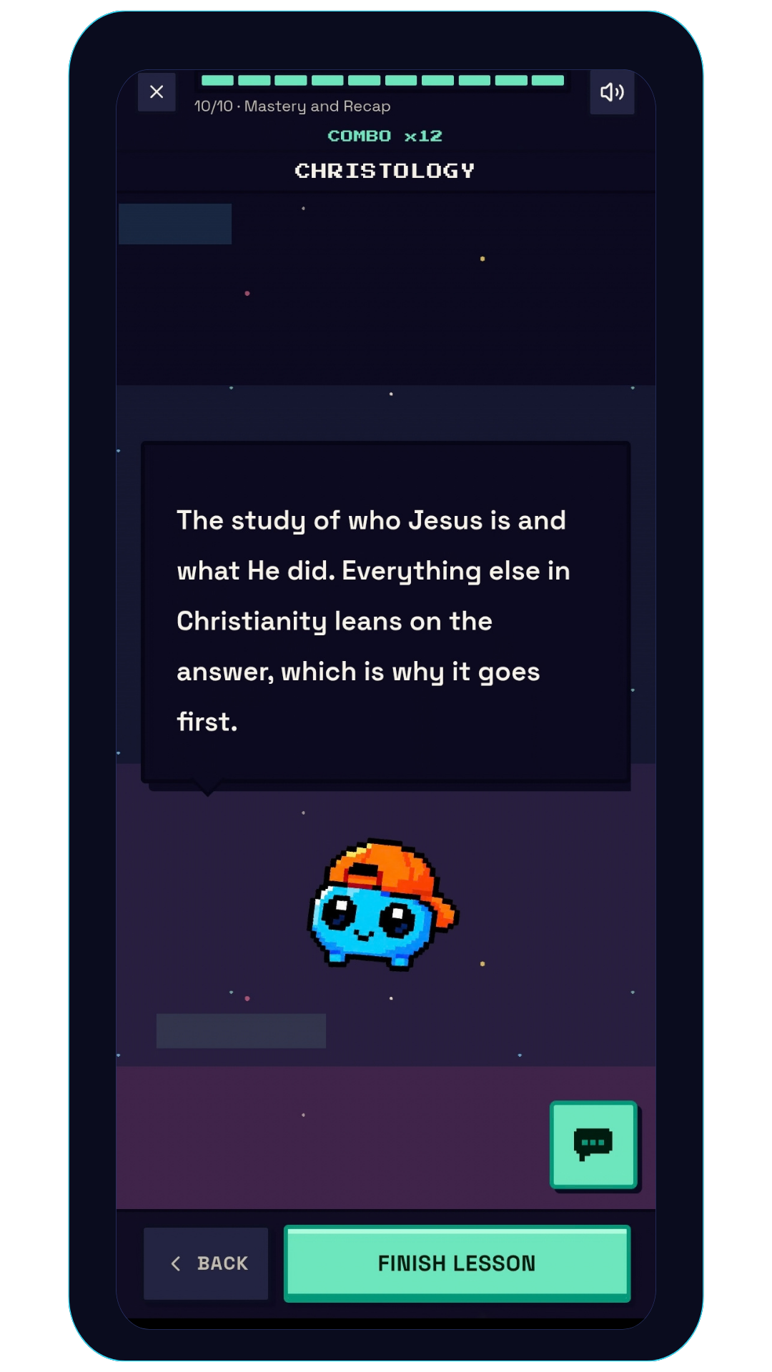 A TheioLingo lesson-complete screen with accuracy, time, and points.