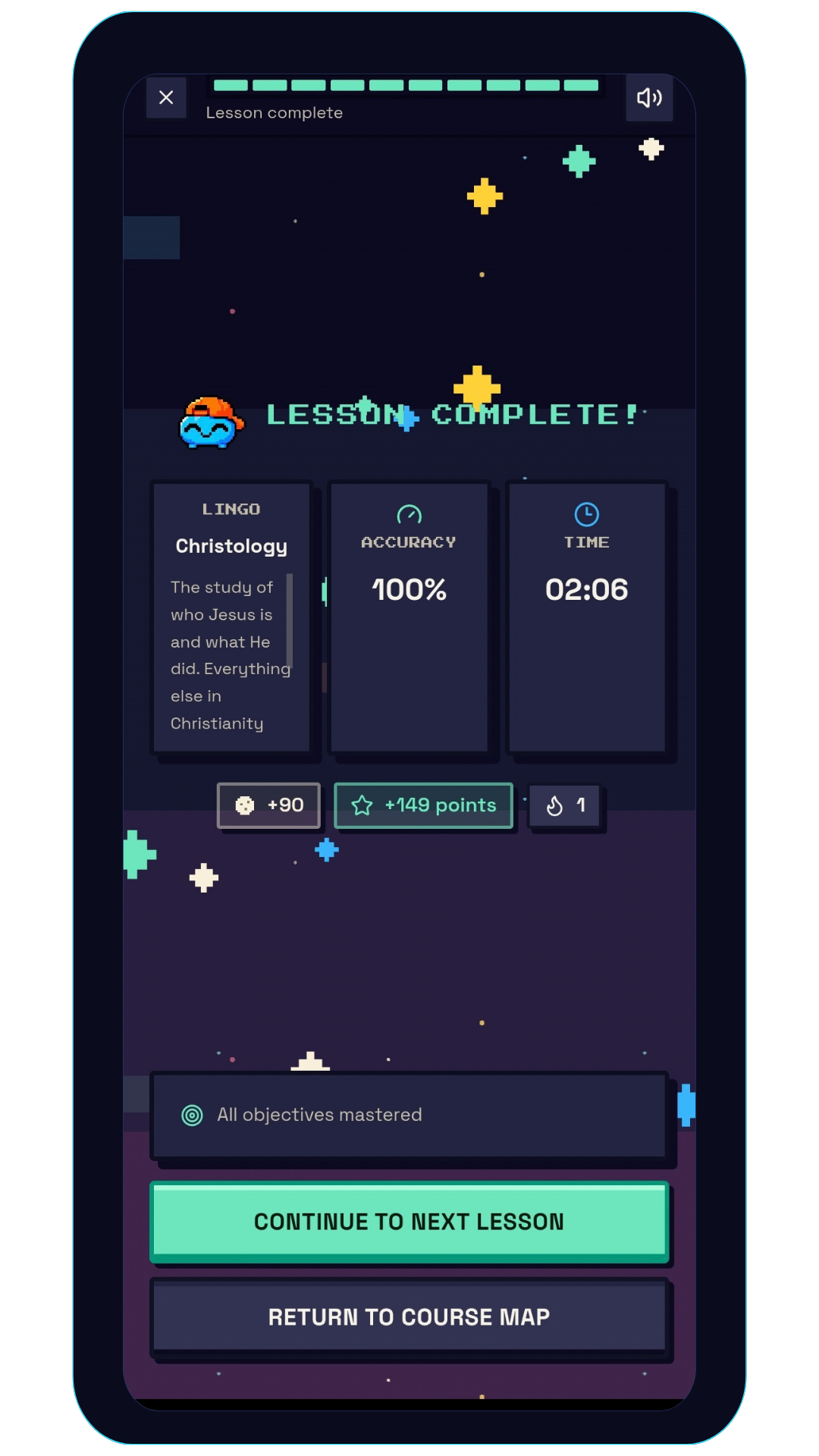 A mastery recap screen celebrating a completed Christology lesson.
