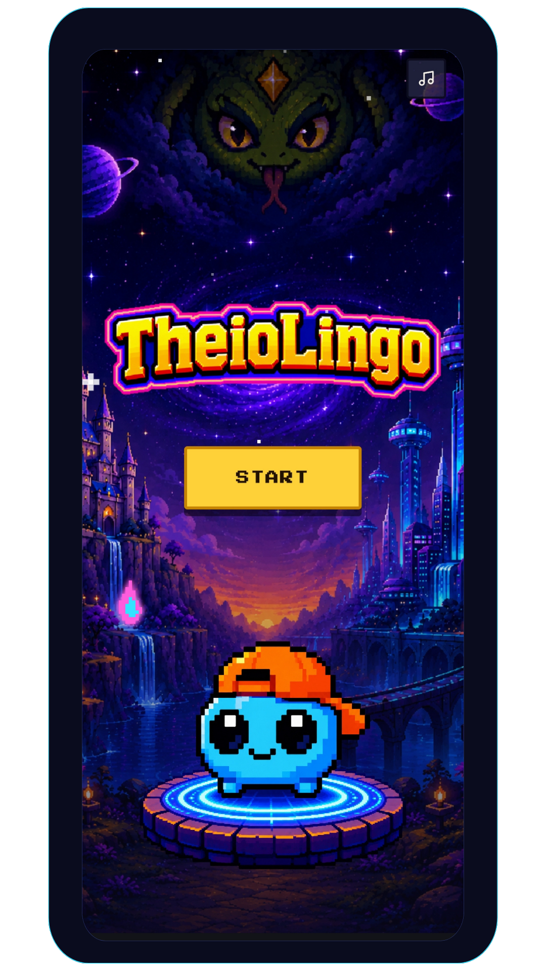 TheioLingo start screen with the pixel-art mascot in a fantasy world.