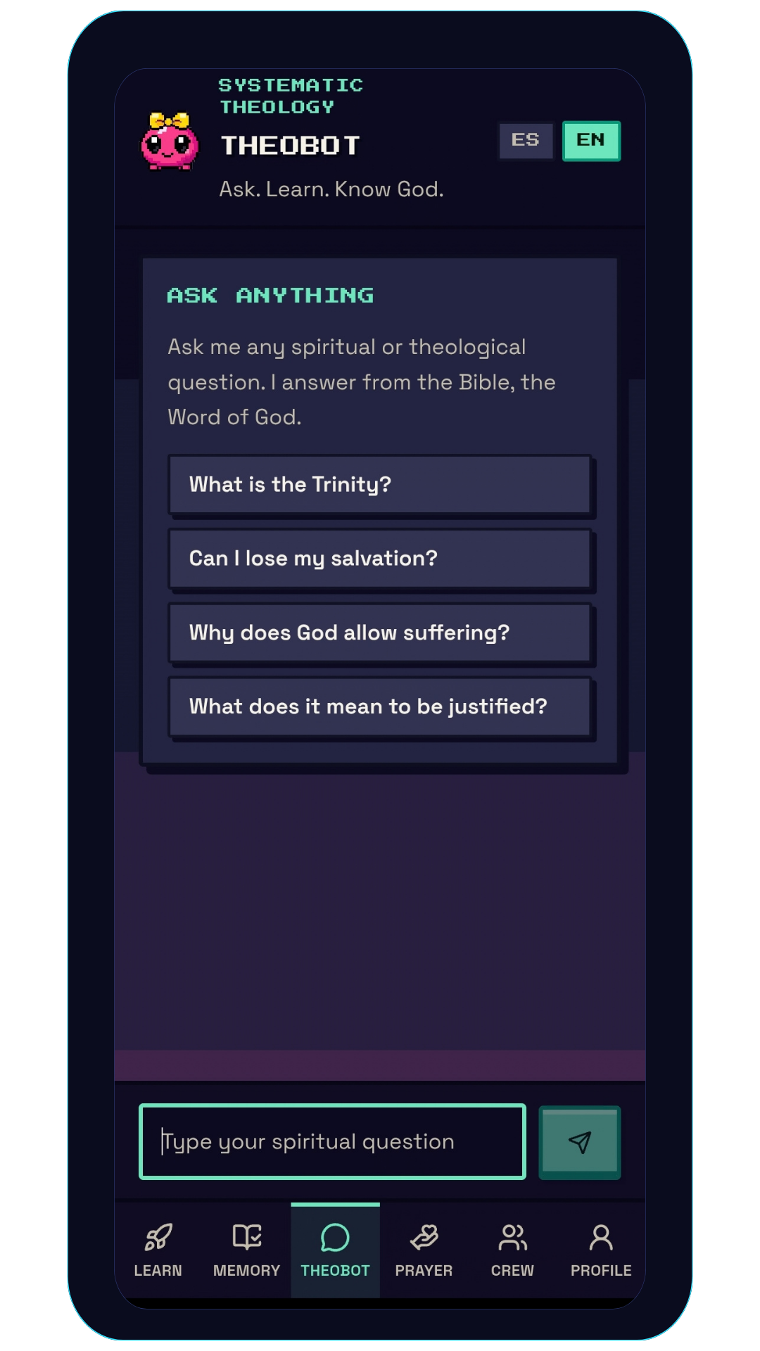 TheoBot, TheioLingo’s Scripture-centered theology question assistant.